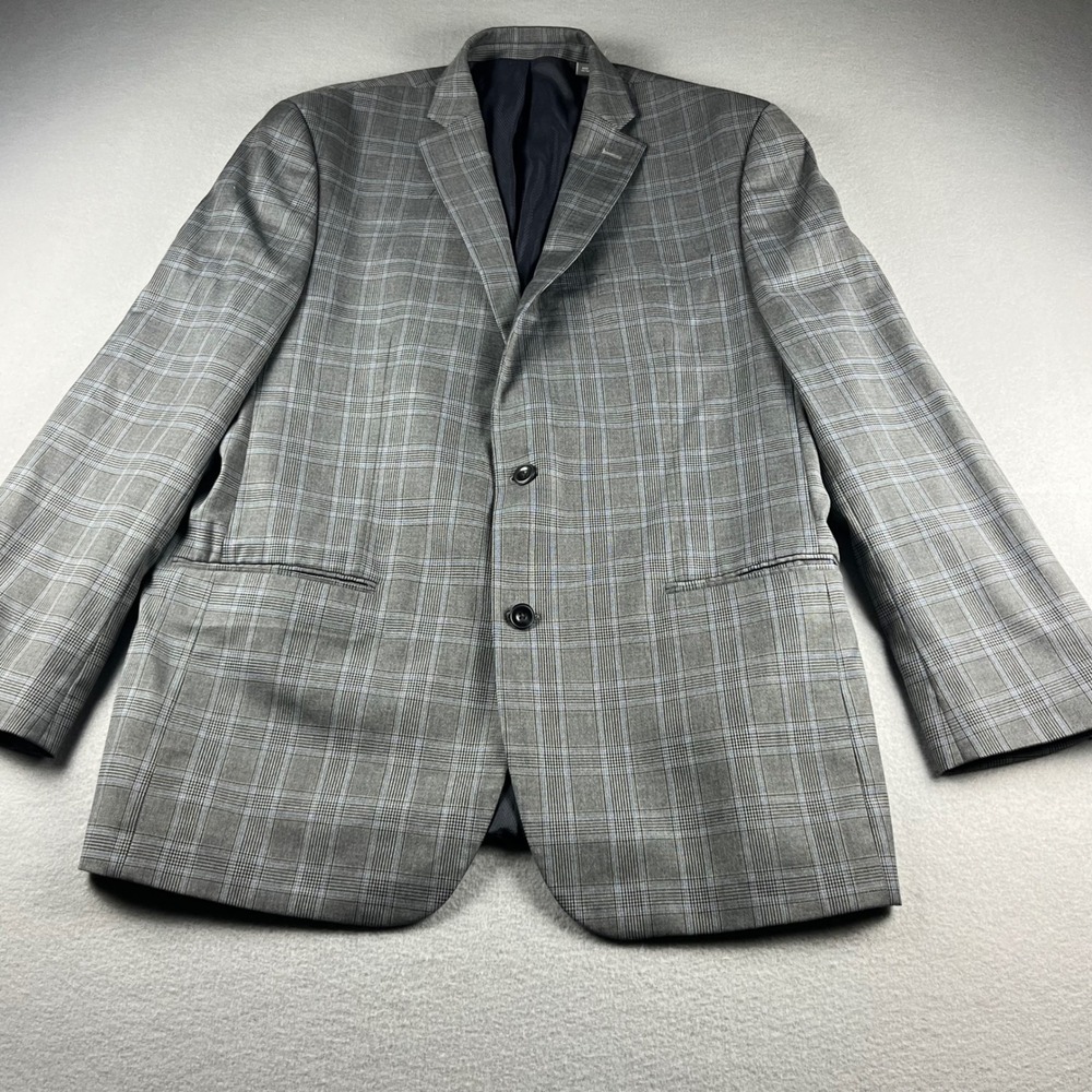 Michael Kors Mens Grey Plaid Two Button Blazer Sport Coat 44L Stretch